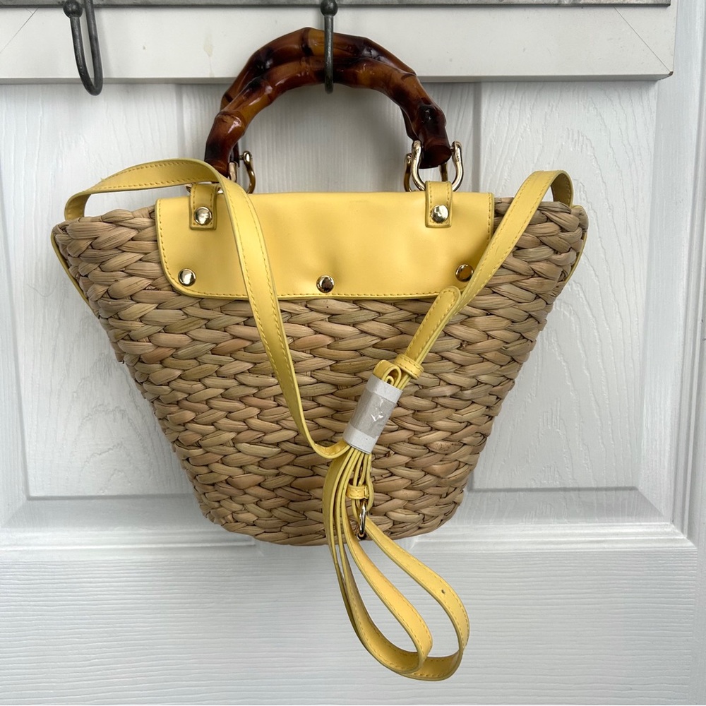 Yellow and Tan Straw Woven Bamboo Handle/Crossbody Bag - Picture 9 of 11